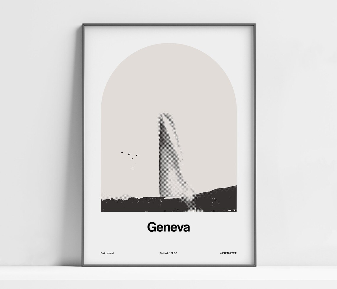 Geneva Switzerland Print Geneva Fountain Swiss Poster Jet Deau In Genve Swiss Black White Wall Art Minimalist Custom City Arch Print