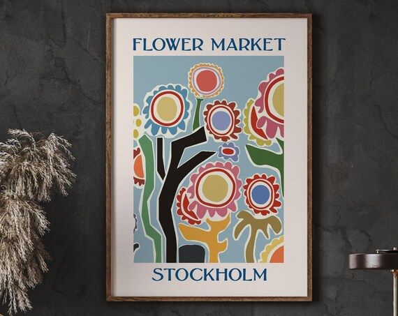 Flower Market Stockholm Colorful Abstract Folk Flowers Blue Poster