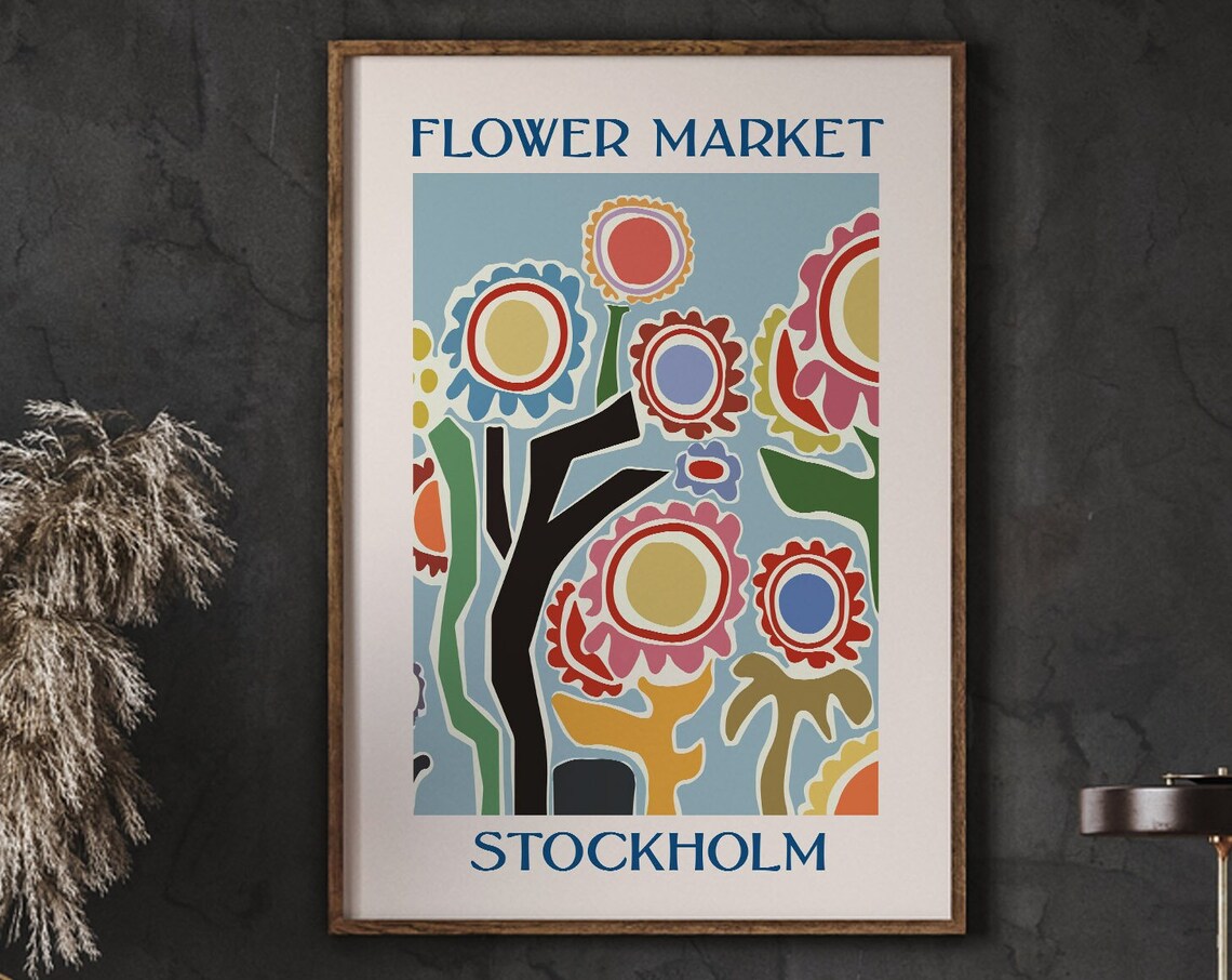 Flower Market Stockholm Colorful Abstract Folk Flowers Blue Poster