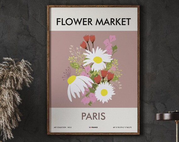 Flower Market Paris Poster Floral Wall Art Florist Gift Illustration Modern Print Minimalist Instant