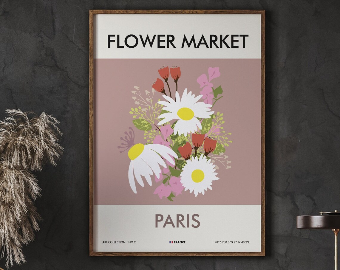 Paris Flower Market Poster Daisy Bouquet Pink Floral Art Collection France