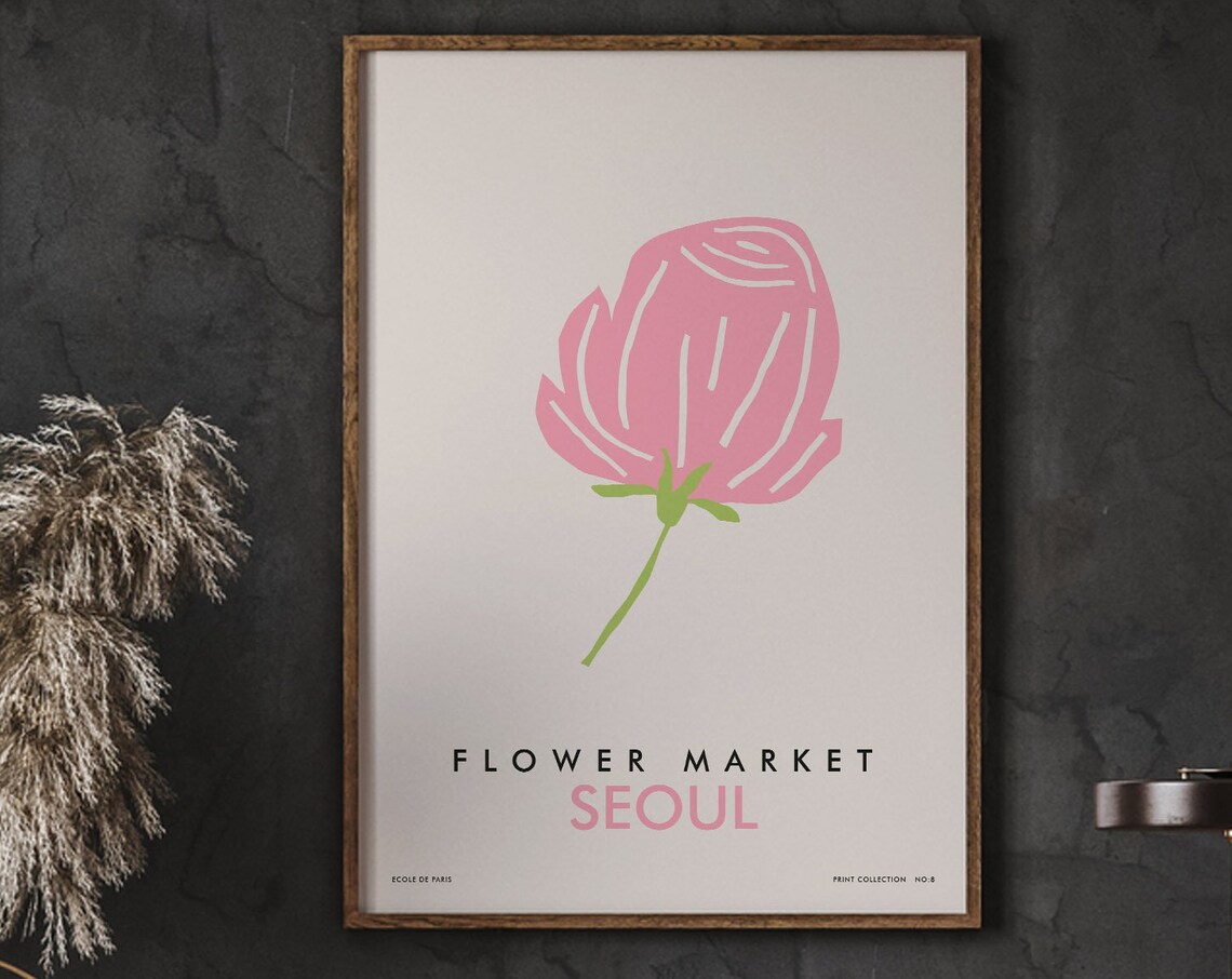 Seoul Flower Market Minimalist Pink Rose Bud Abstract Poster