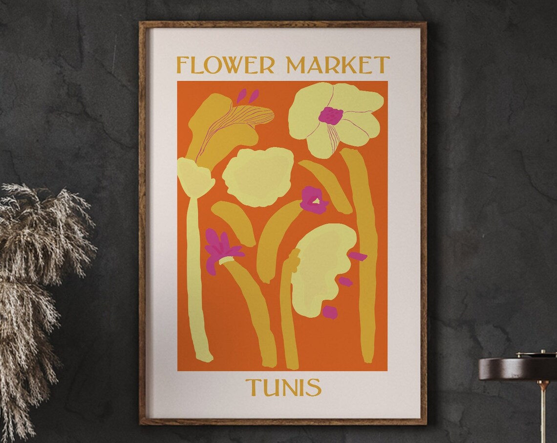 Tunis Flower Market Bold Orange Matisse Style Floral Art Poster