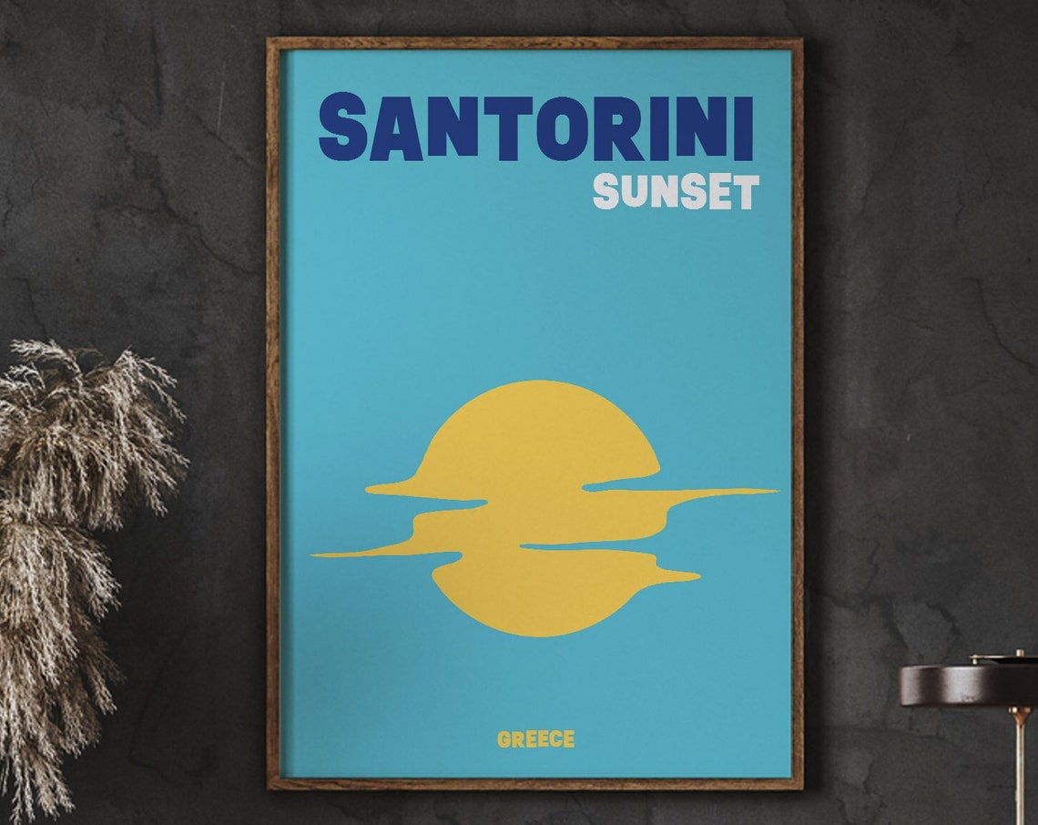 Santorini Aegean Sunset Greece Minimalist Sun Waves Travel Poster
