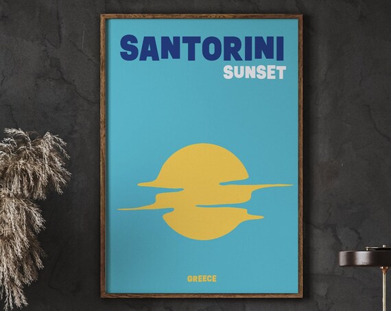 Santorini Aegean Sunset Greece Minimalist Sun Waves Travel Poster