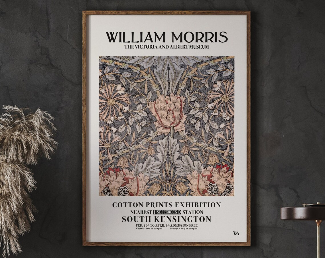William Morris Peony Blossom Pattern Pink Gray Cotton Prints Exhibition Poster