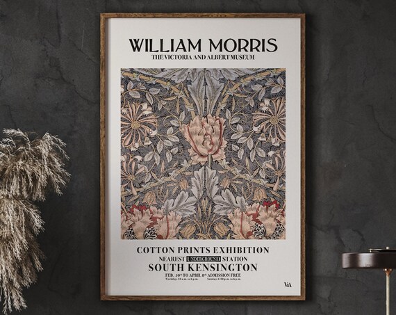 William Morris Peony Blossom Pattern Pink Gray Cotton Prints Exhibition Poster