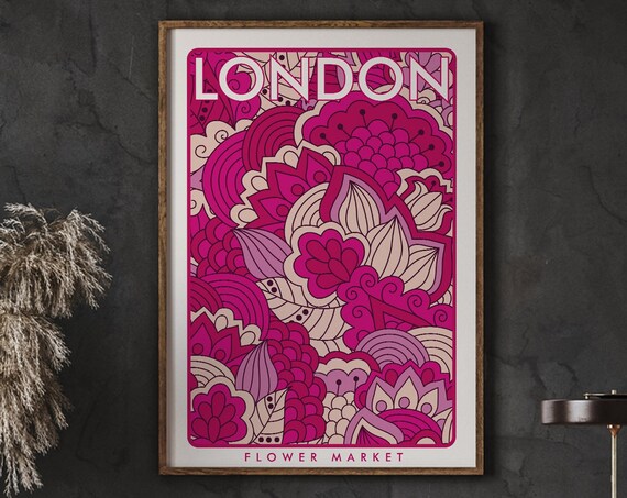 London Flower Market Retro Magenta Floral Psychedelic Art Poster