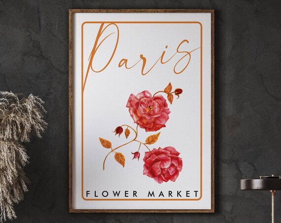 Paris Flower Market Roses Watercolor Botanical Script Art Poster