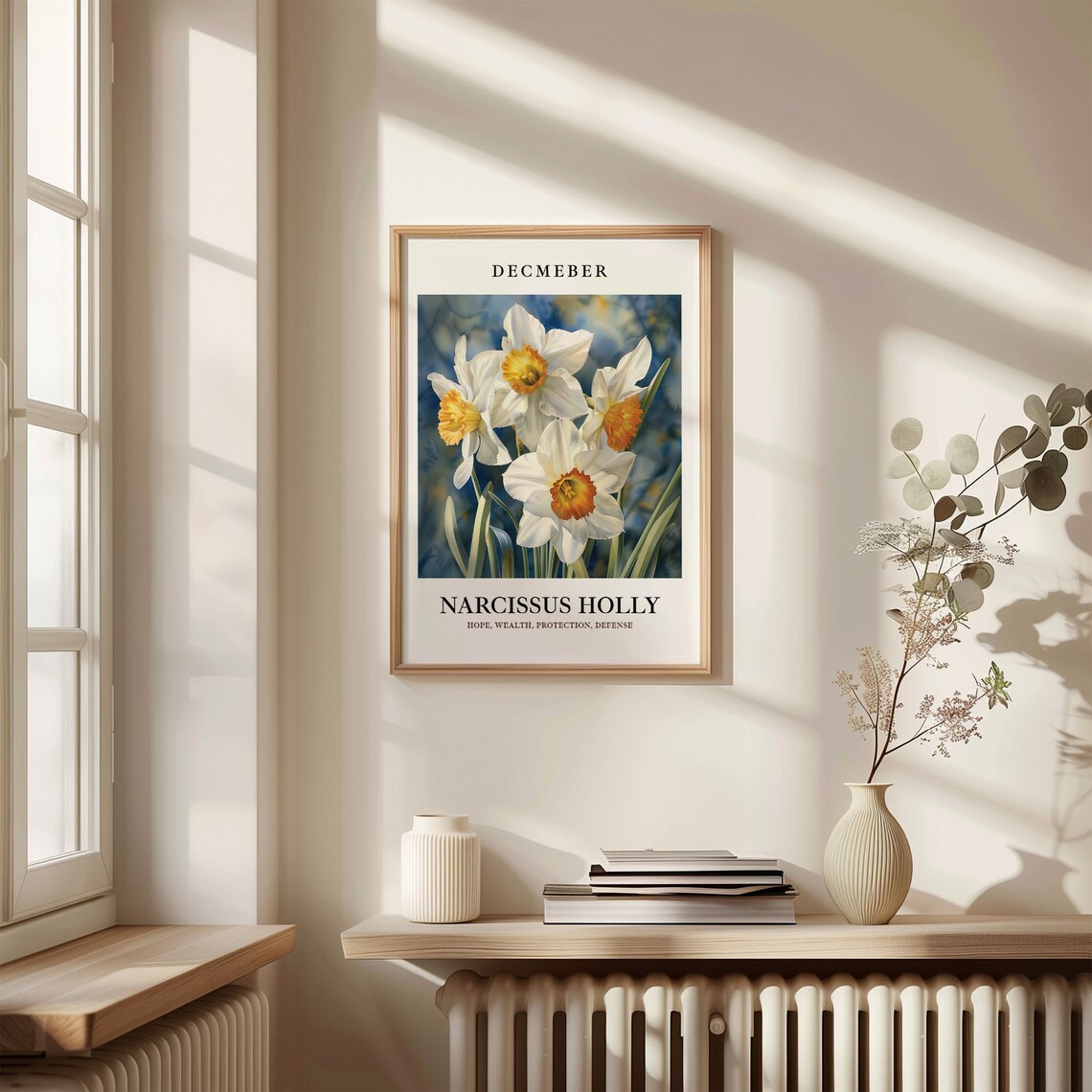 December Winter Narcissus Holly Flower Botanical Holiday Art Poster - Image 3