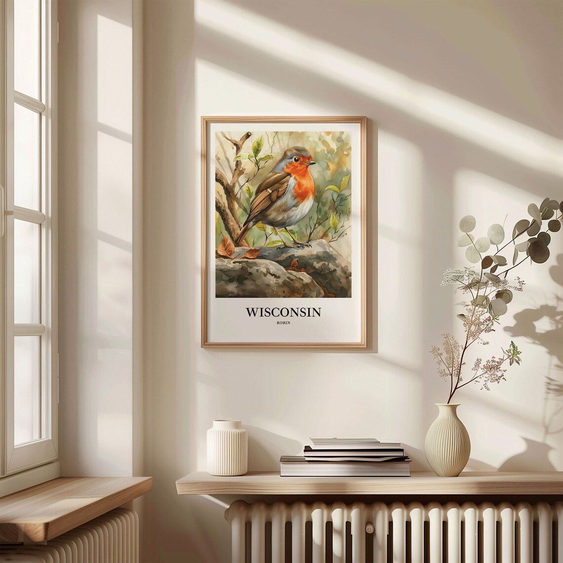 Wisconsin Robin Perched on Rock Detailed Watercolor Bird Art Poster - Image 3