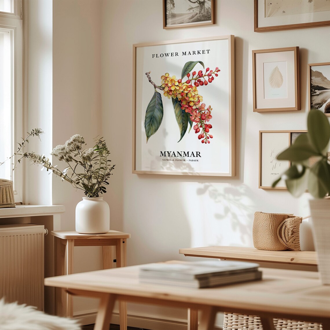 Myanmar National Flower Art Print, Neutral Botanical - Image 2