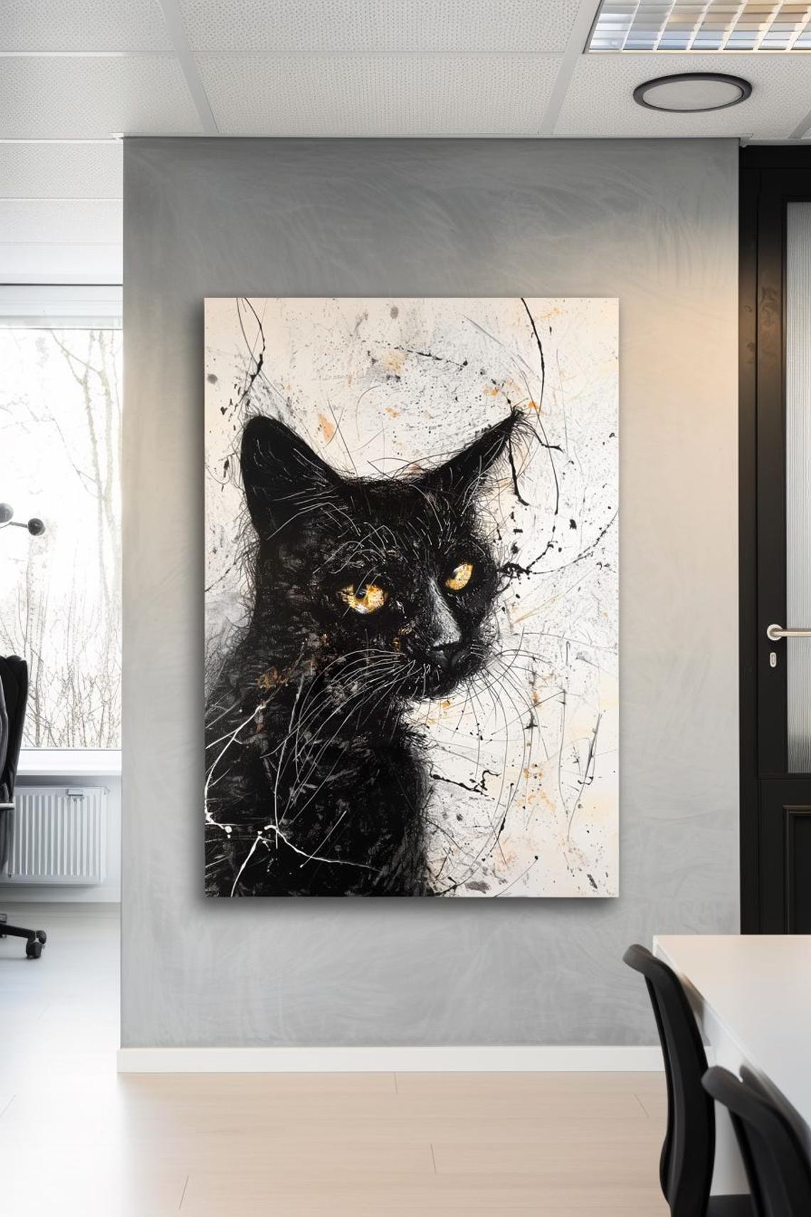 Black Cat With Golden Eyes Expressive Splatter Art Portrait Poster - Image 2