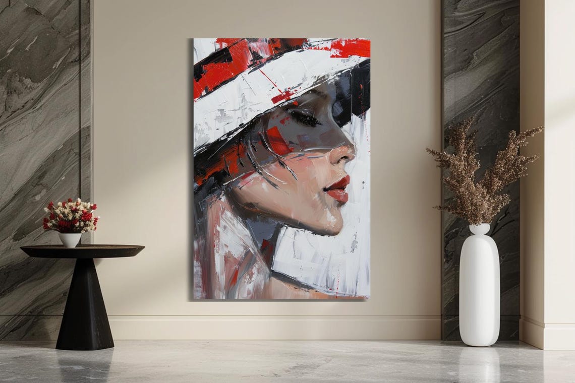 Woman In White Hat Profile Red Black Abstract Portrait Poster