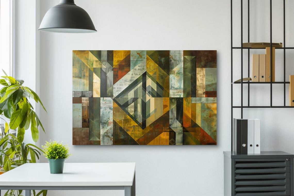 Olive and Ochre Cubist Geometric Cityscape Abstract Art Poster - Image 3