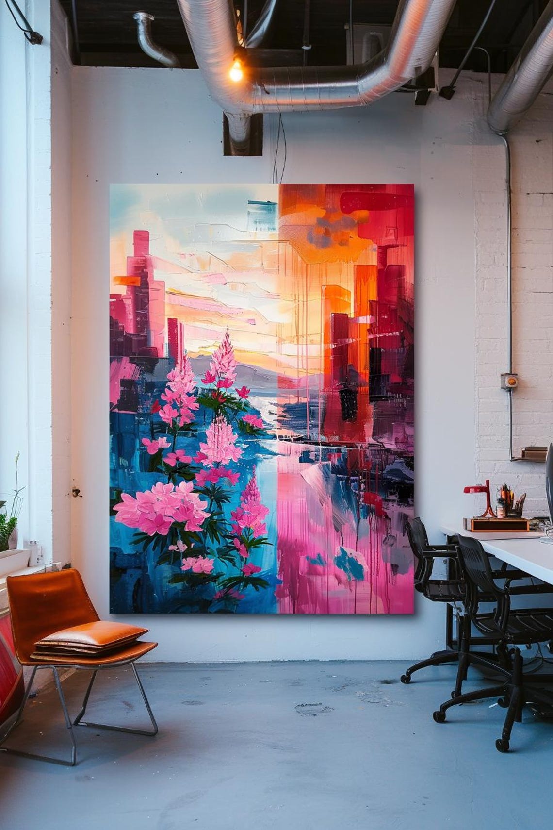 Pink Flowers Against City Sunset Abstract Colorful Modern Poster