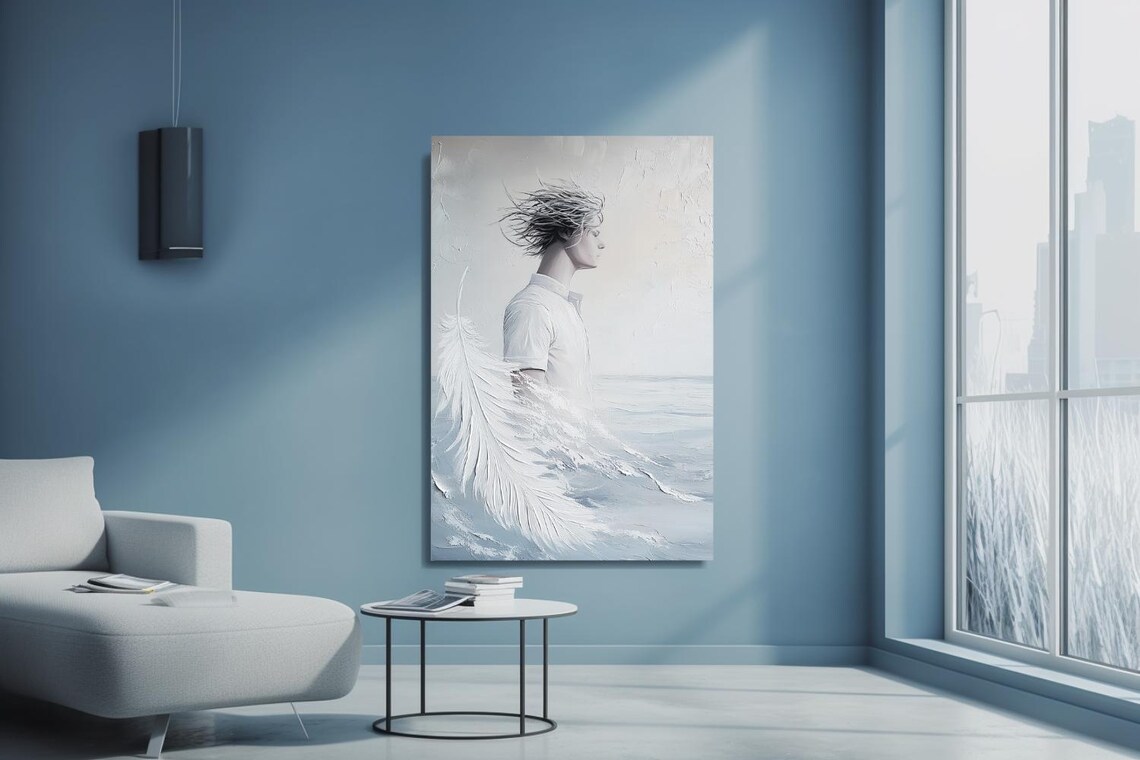 Young Man Profile With Giant White Feather On Pale Blue Poster