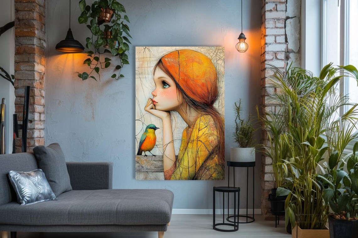 Girl in Orange Headscarf Gazing at a Colorful Bird Painting Poster - Image 2