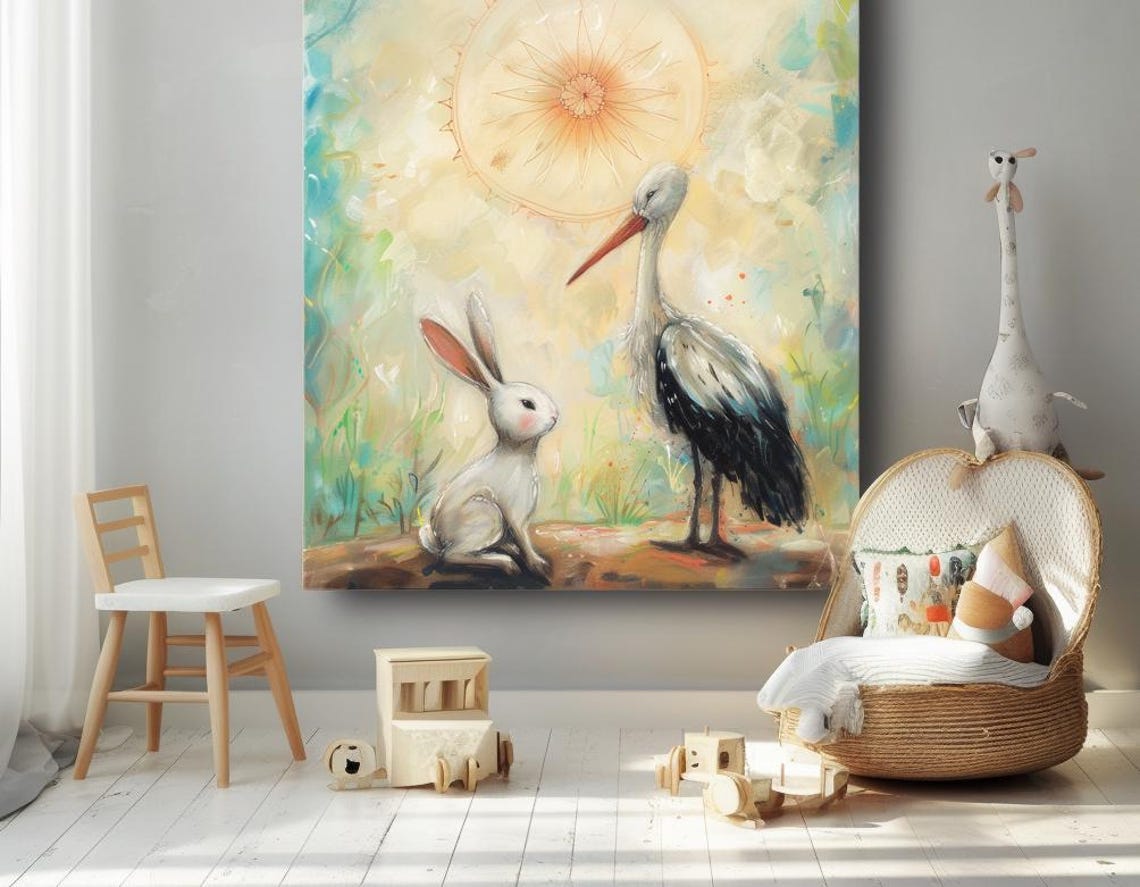 White Hare and Stork Facing Each Other Dreamy Pastel Painting Poster - Image 3