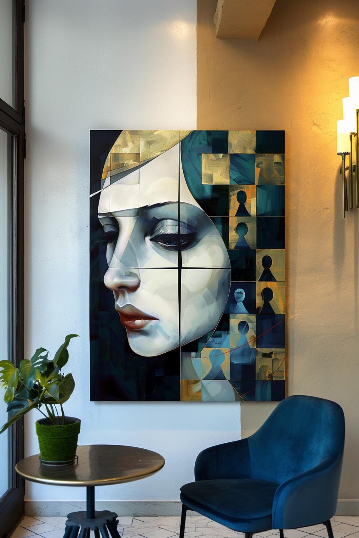 Fragmented Cubist Woman Face Keyhole Grid Modern Decor Art Poster
