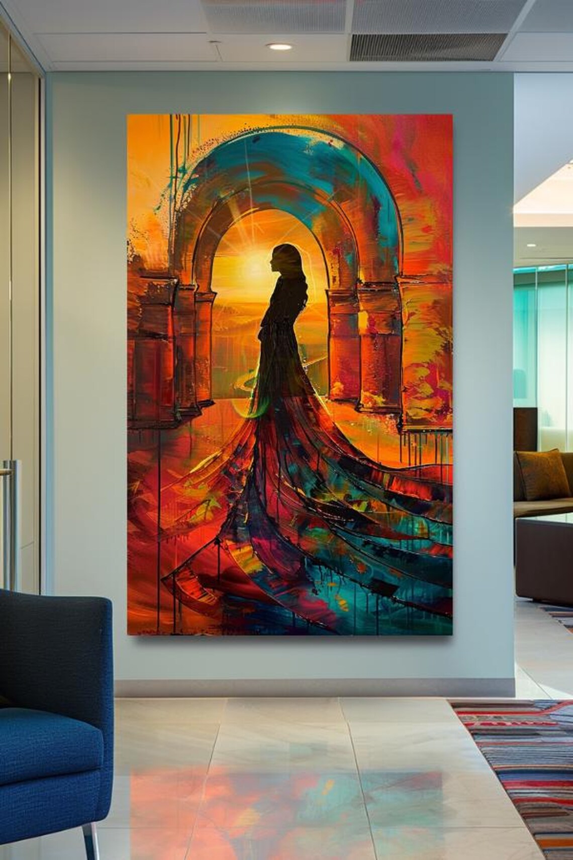 "With The Sun" Silhouette Woman In Flowing Dress At Sunset Poster