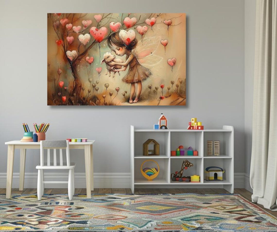 Fairy Girl Hugging Lamb Under a Tree of Pink Hearts Kids Poster - Image 3
