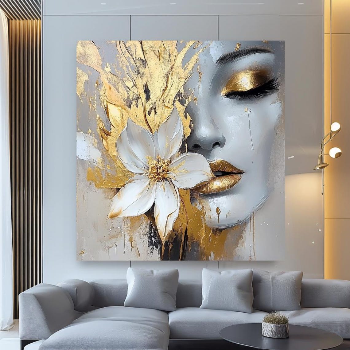 Serene Woman Face with Gold Leaf and White Flower Art Poster