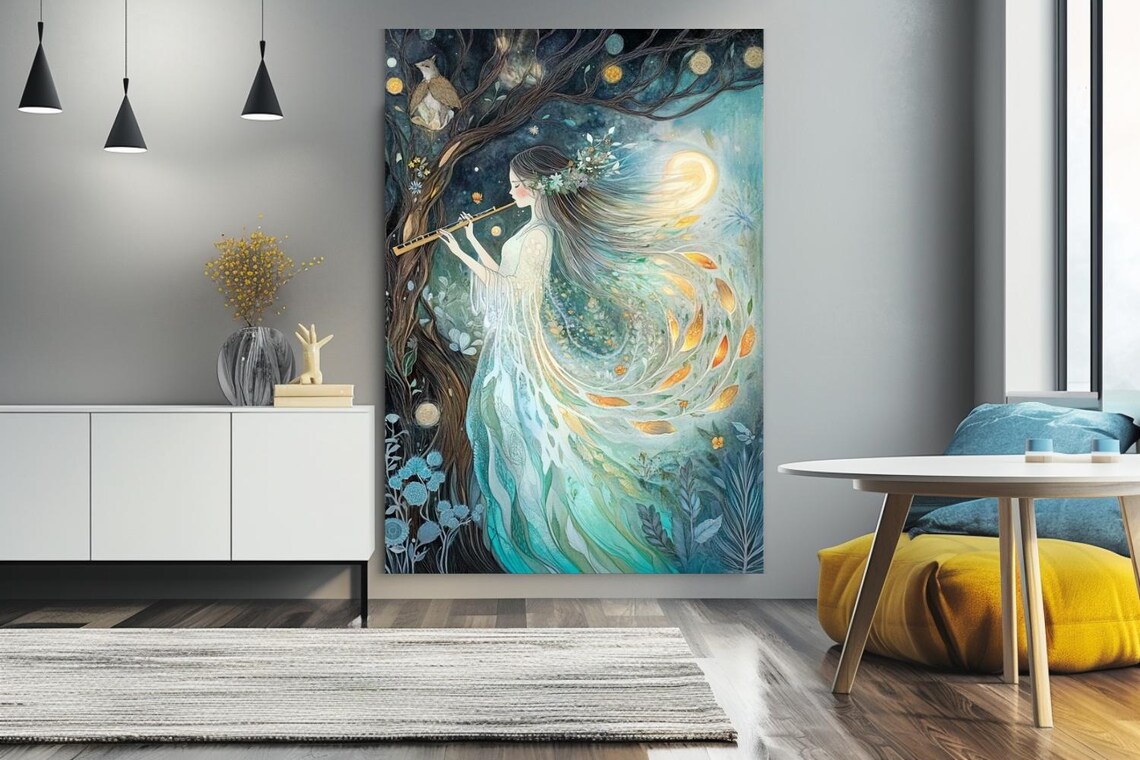 Ethereal Woman Playing Flute Beneath the Moon Fantasy Painting Poster - Image 3