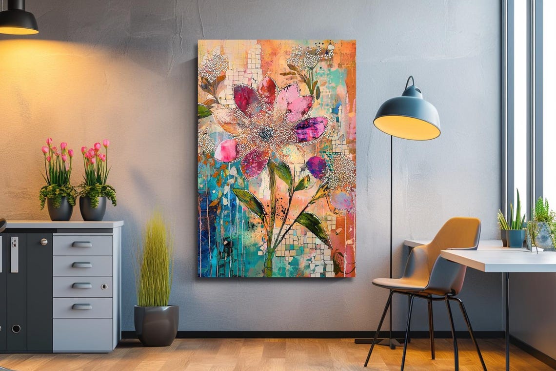 Pink Mosaic Flower On Turquoise And Peach Abstract Botanical Poster