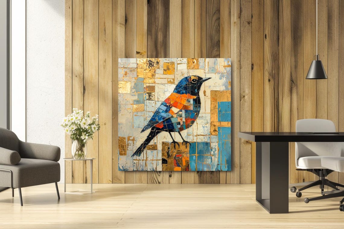 Colorful Mosaic Songbird On Blue Gold Patchwork Abstract Poster - Image 3