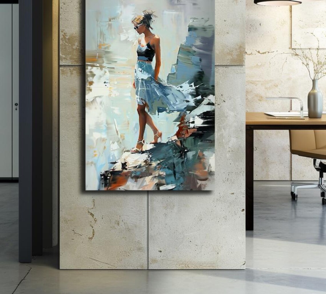 Woman In Blue Skirt Walking Along Rocky Shore Impressionist Poster - Image 2