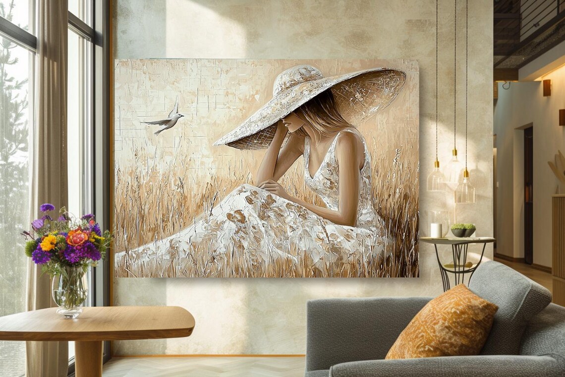 "Summer Silence" Woman In Straw Hat In Wheat Field With Dove Poster