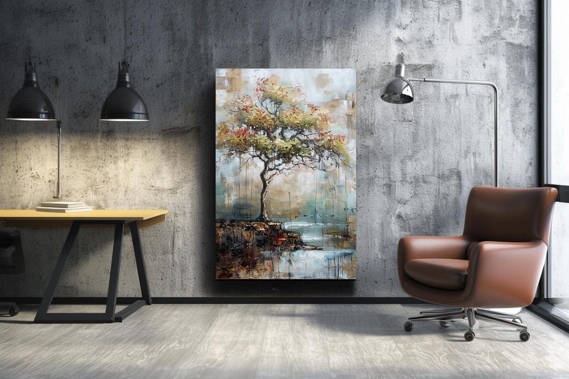 Lone Tree On Rocky Shore Abstract Textured Landscape Painting Poster