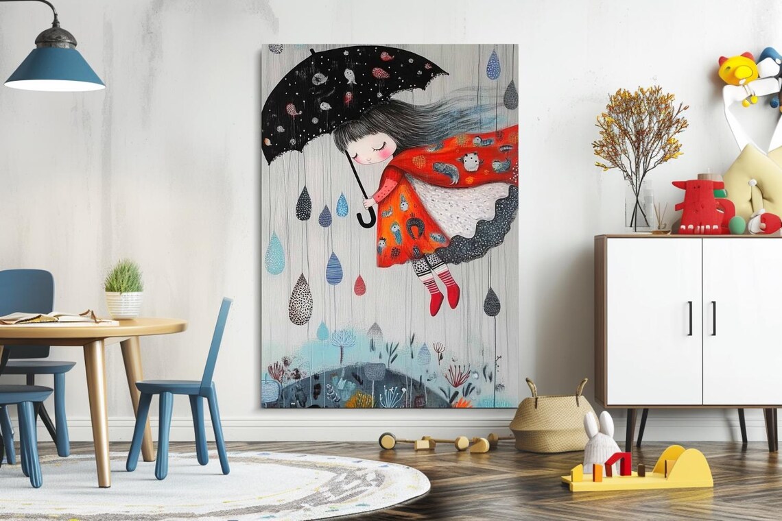 Whimsical Girl Flying With Umbrella In Rain Storybook Poster - Image 3