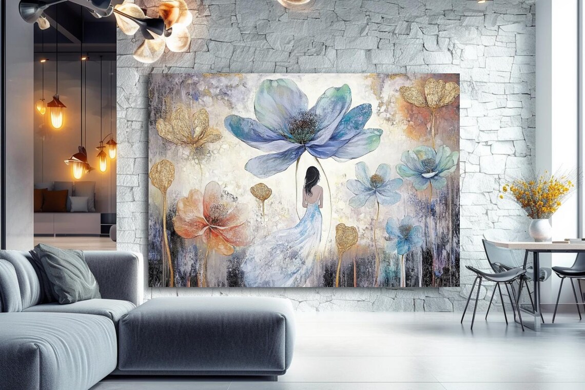Woman in Blue Dress Among Giant Blossoms Floral Painting Poster - Image 3