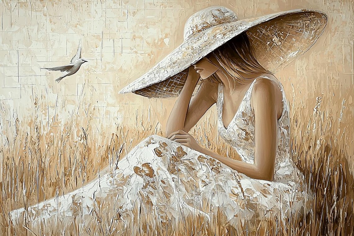 "Summer Silence" Woman In Straw Hat In Wheat Field With Dove Poster - Image 2