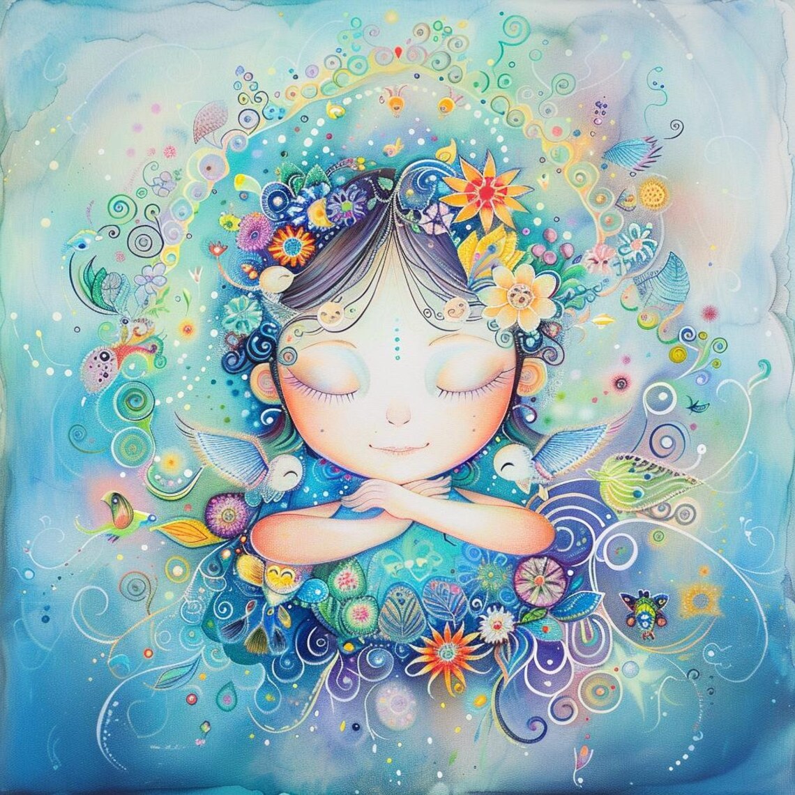 Whimsical Girl Portrait With Colorful Flowers Nursery Wall Poster - Image 3