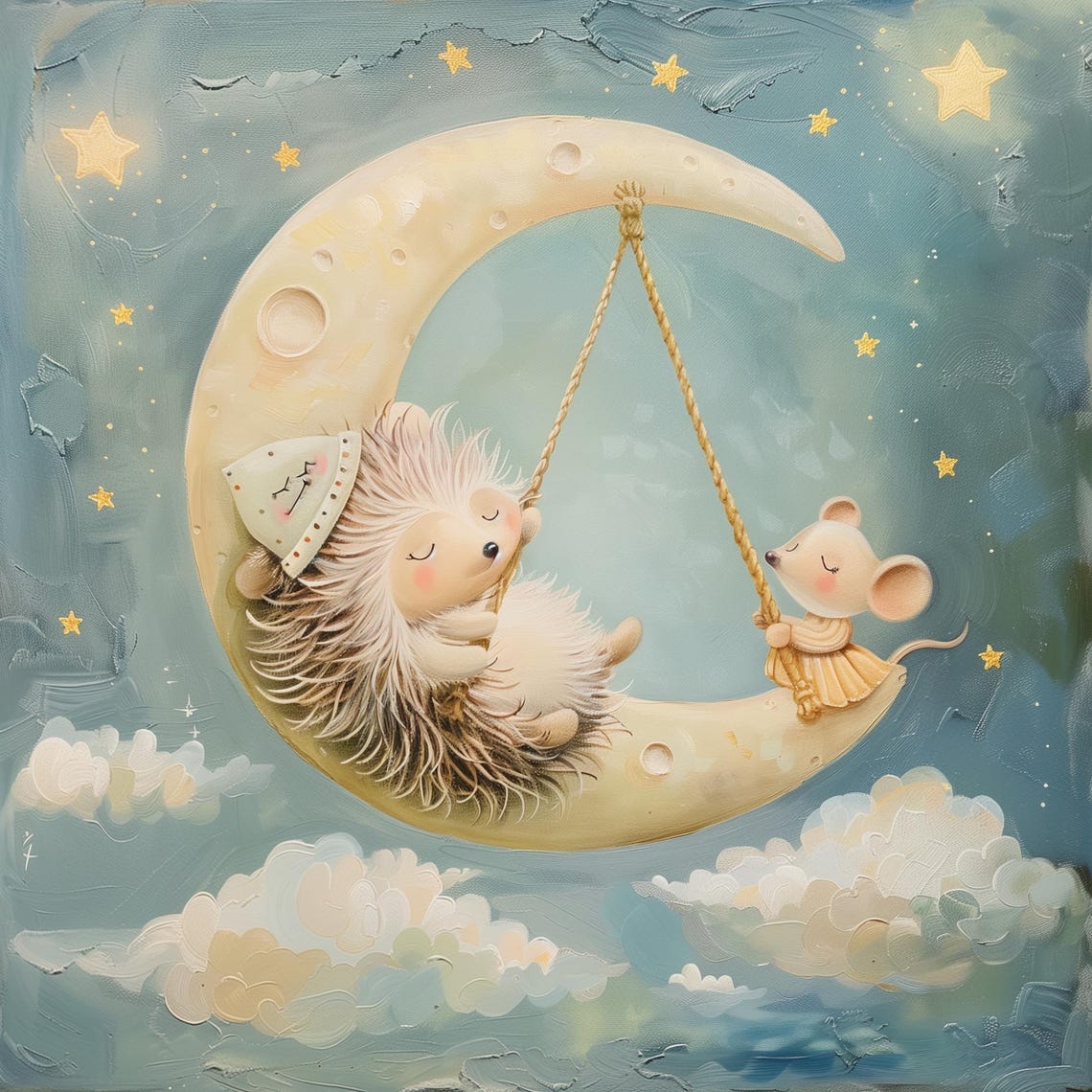 Hedgehog And Mouse On Crescent Moon Swing Nursery Art Poster - Image 2