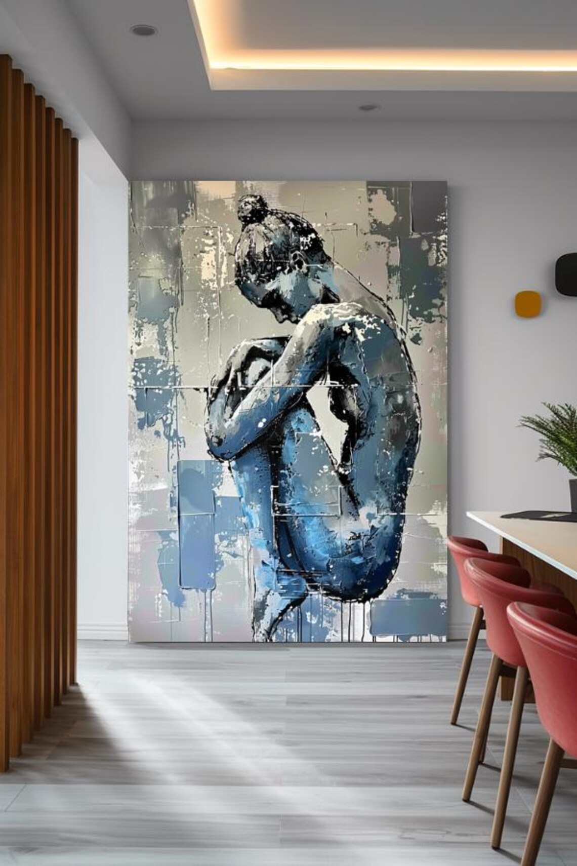 Introspective Woman Curled Inward In Blue Gray Abstract Poster - Image 3