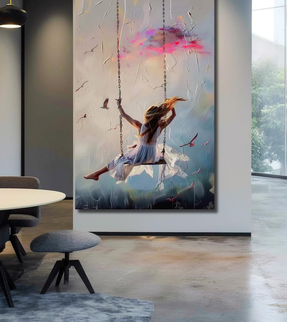 Girl On Swing Soaring Into Sky With Birds Dreamy Canvas Art Poster