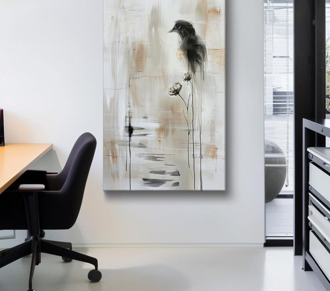 Black Bird on a Thin Branch Minimalist Ink Wash Painting Poster - Image 3