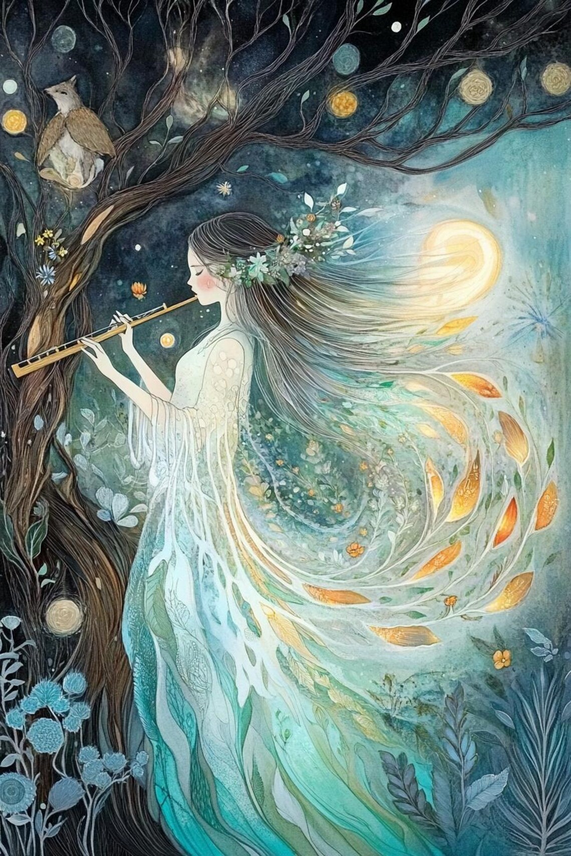 Ethereal Woman Playing Flute Beneath the Moon Fantasy Painting Poster - Image 2