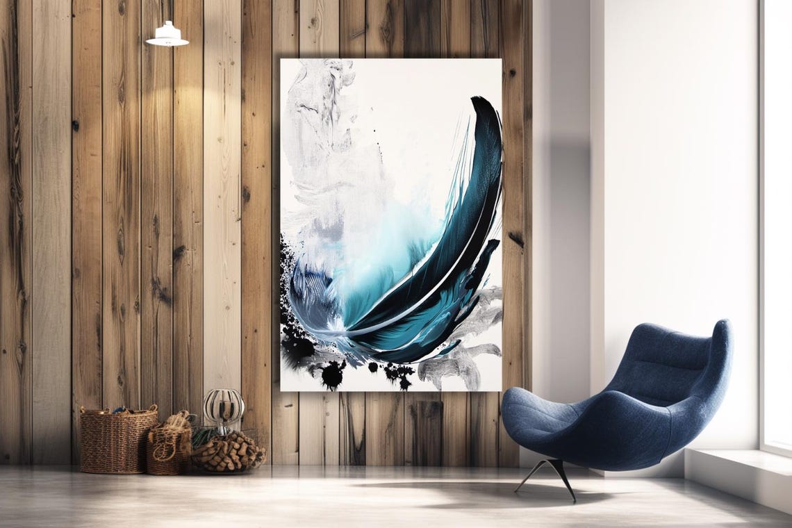 Single Teal Feather On White Minimalist Abstract Watercolor Poster