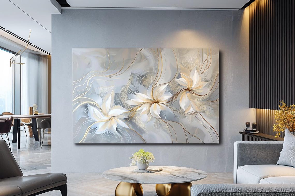 Elegant White Flowers With Delicate Gold Lines Abstract Poster