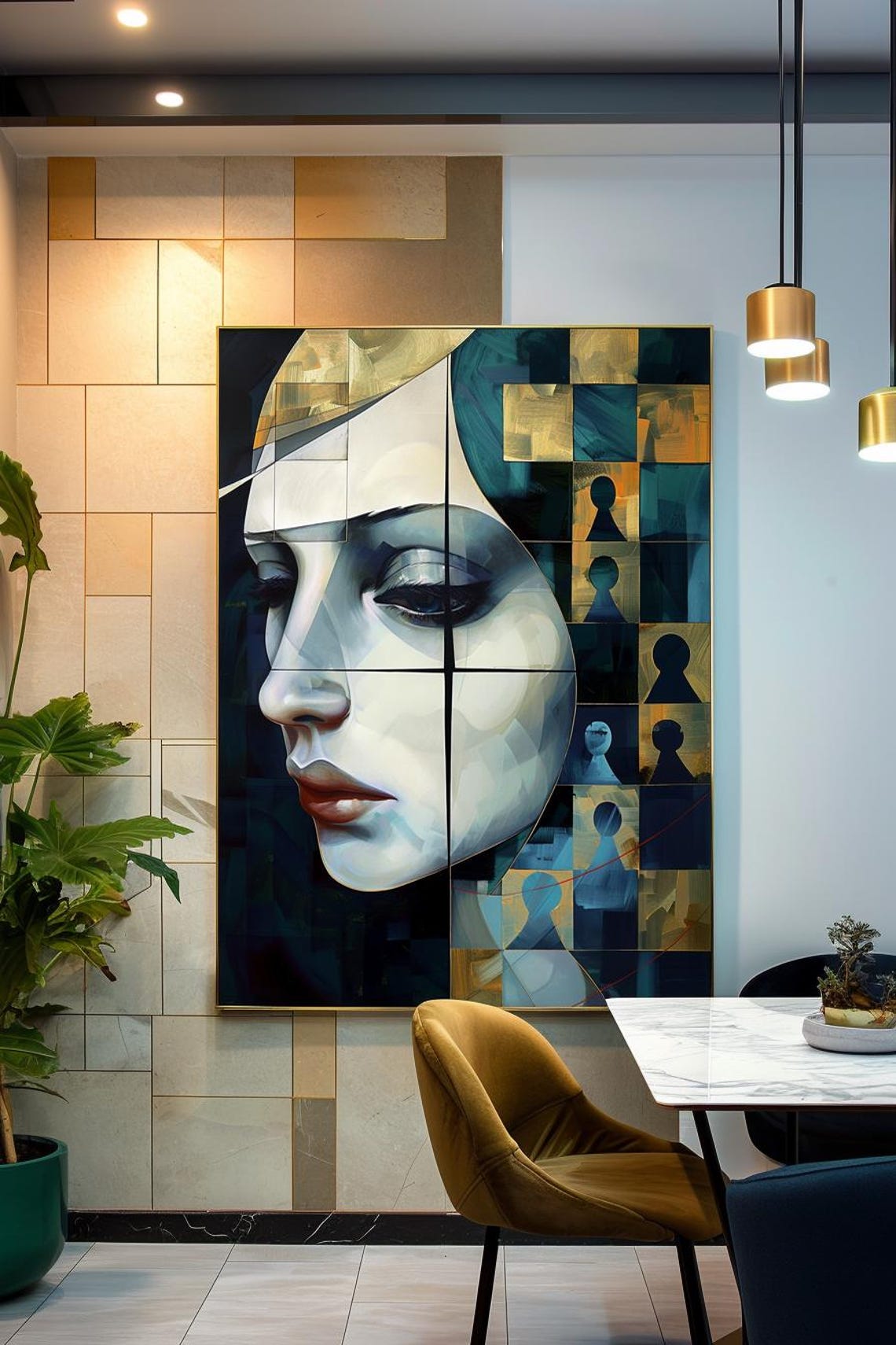 Fragmented Cubist Woman Face Keyhole Grid Modern Decor Art Poster - Image 3