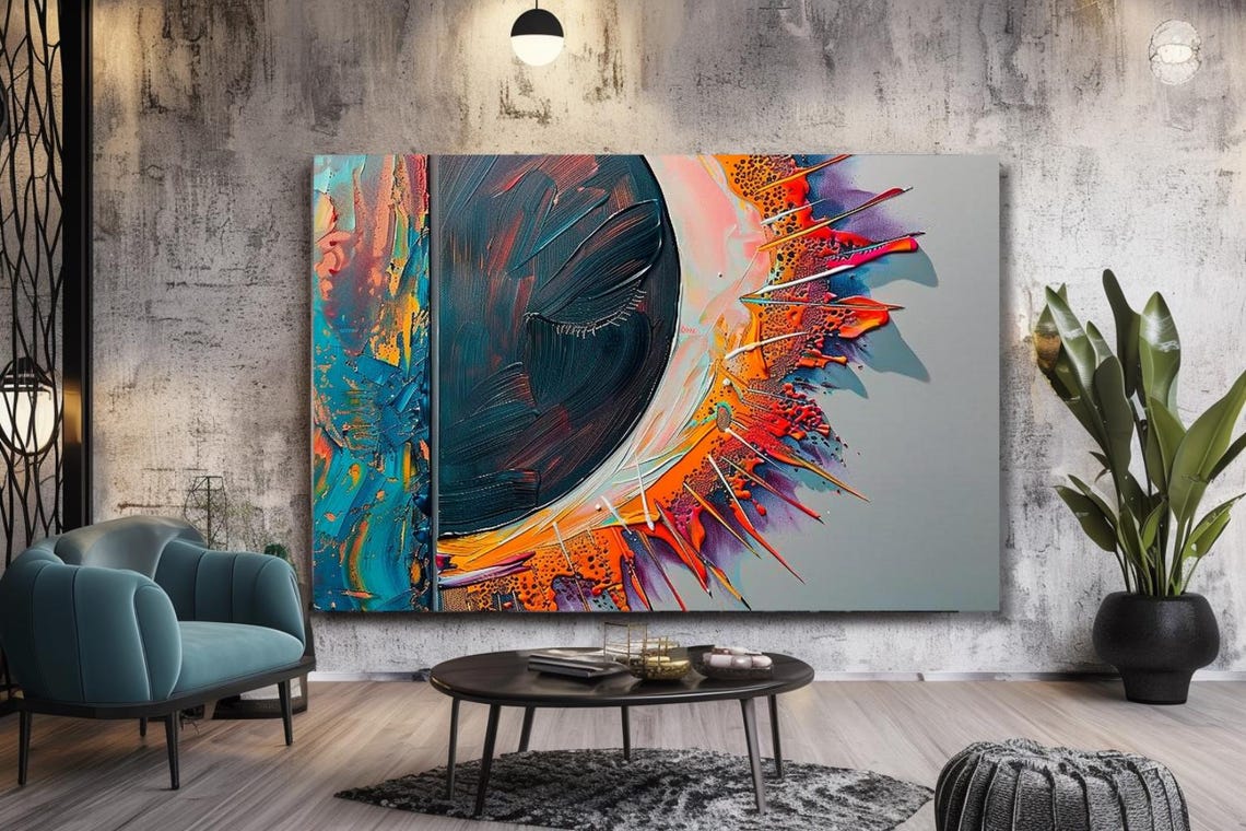 Exploding Orange and Teal Abstract Eclipse Modern Art Poster - Image 3