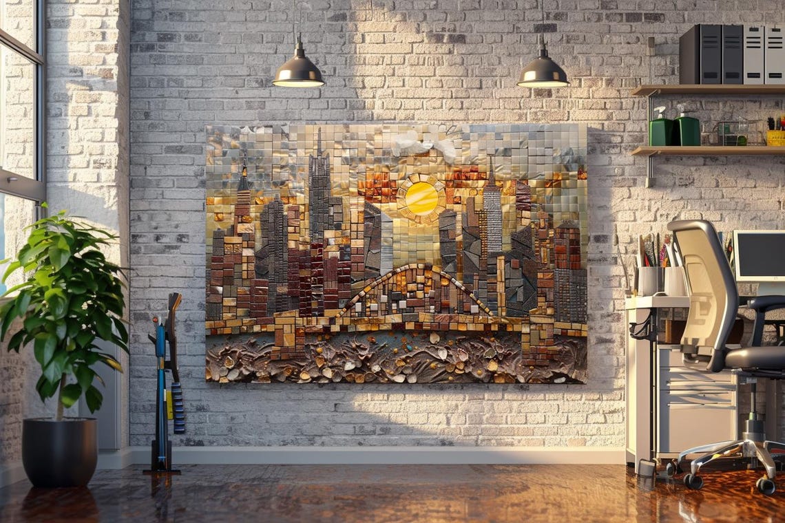 City Skyline With Bridge Mosaic Tile Golden Sunset Art Poster