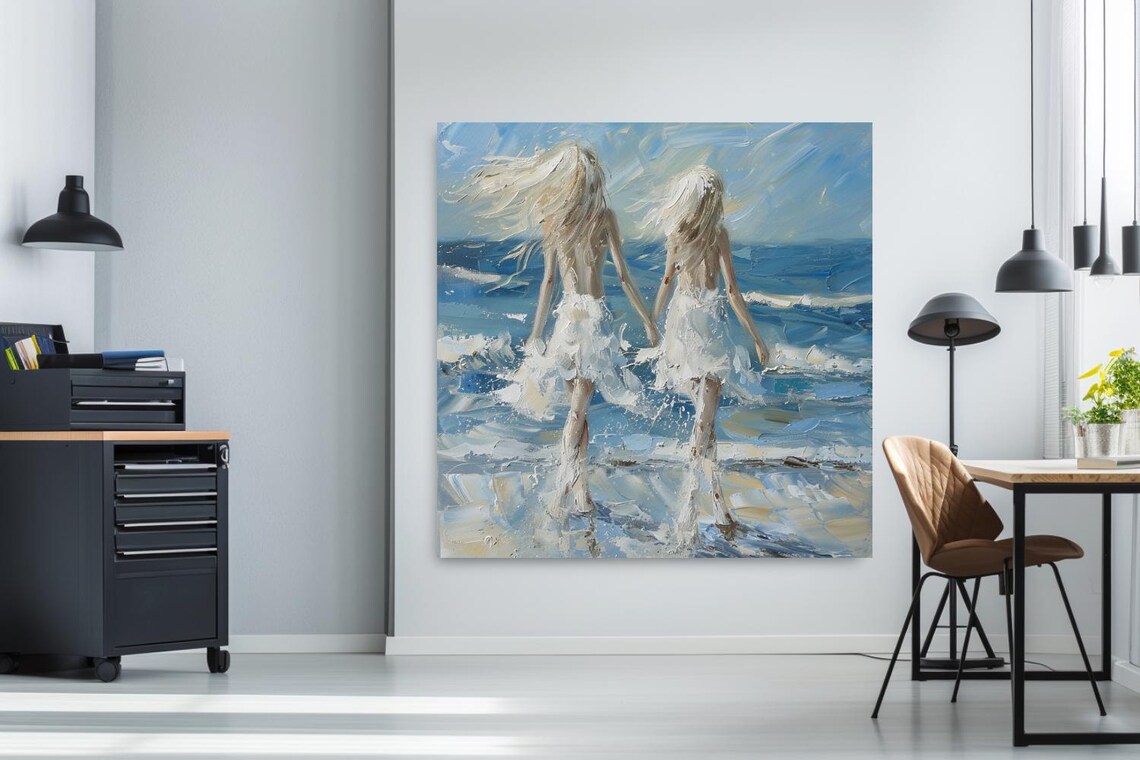 Two Happy Girls Holding Hands Walking Into Sparkling Ocean Surf Poster - Image 3