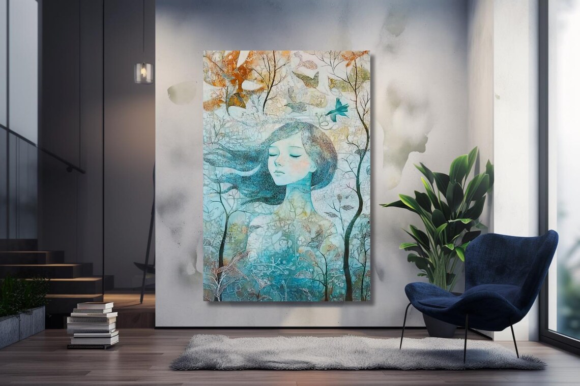 Serene Woman Face In Forest Teal Blue Fantasy Portrait Poster - Image 3