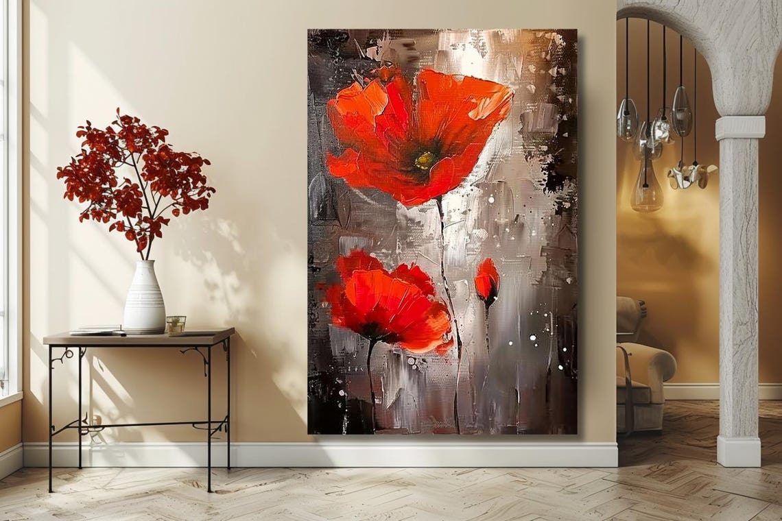 Red Poppies On Grey Textured Abstract Floral Modern Art Poster